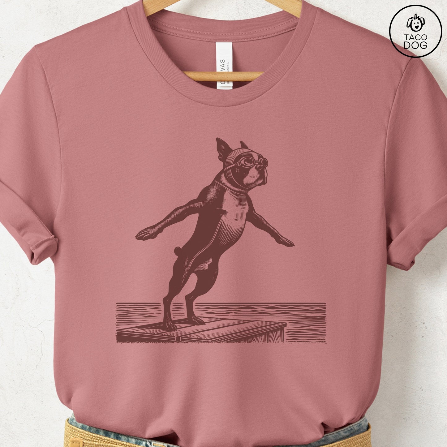 Boston Terrier Swim T-Shirt Heather Mauve Taco-Dog