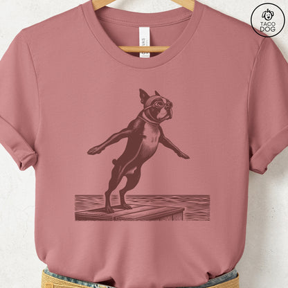 Boston Terrier Swim T-Shirt Heather Mauve Taco-Dog