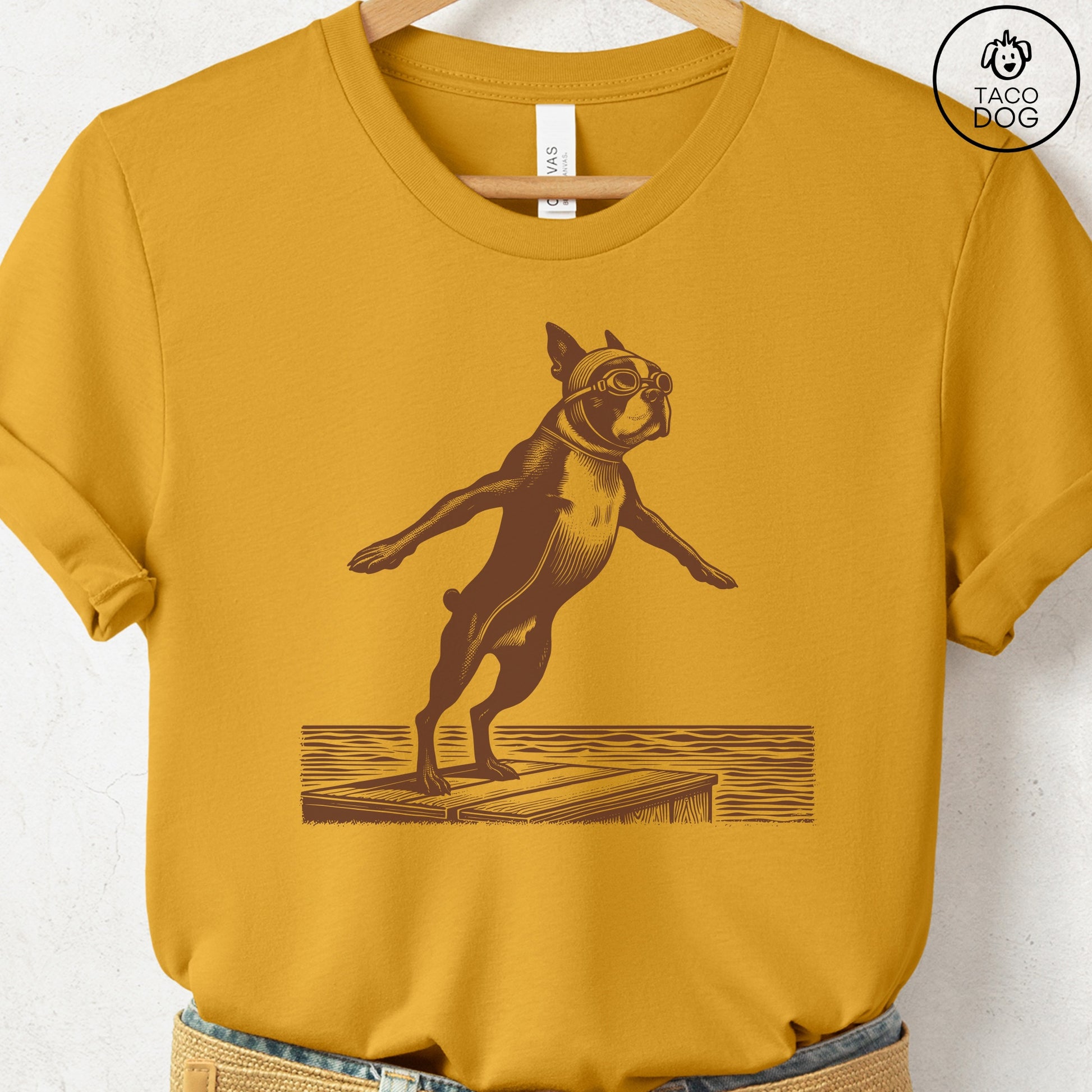 Boston Terrier Swim T-Shirt Mustard Taco-Dog
