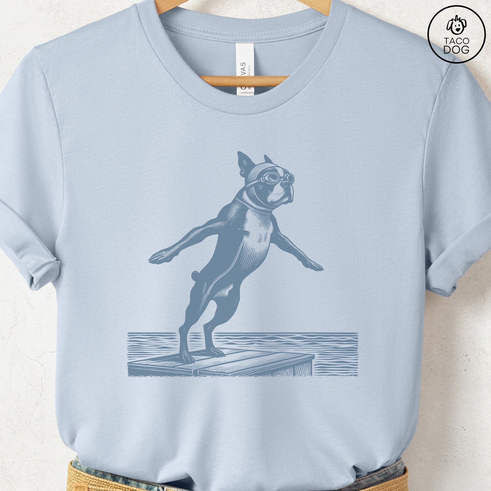 Boston Terrier Swim T-Shirt Light Blue Taco-Dog