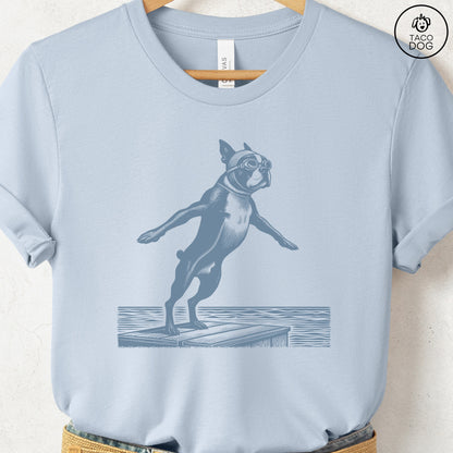 Boston Terrier Swim T-Shirt Light Blue Taco-Dog