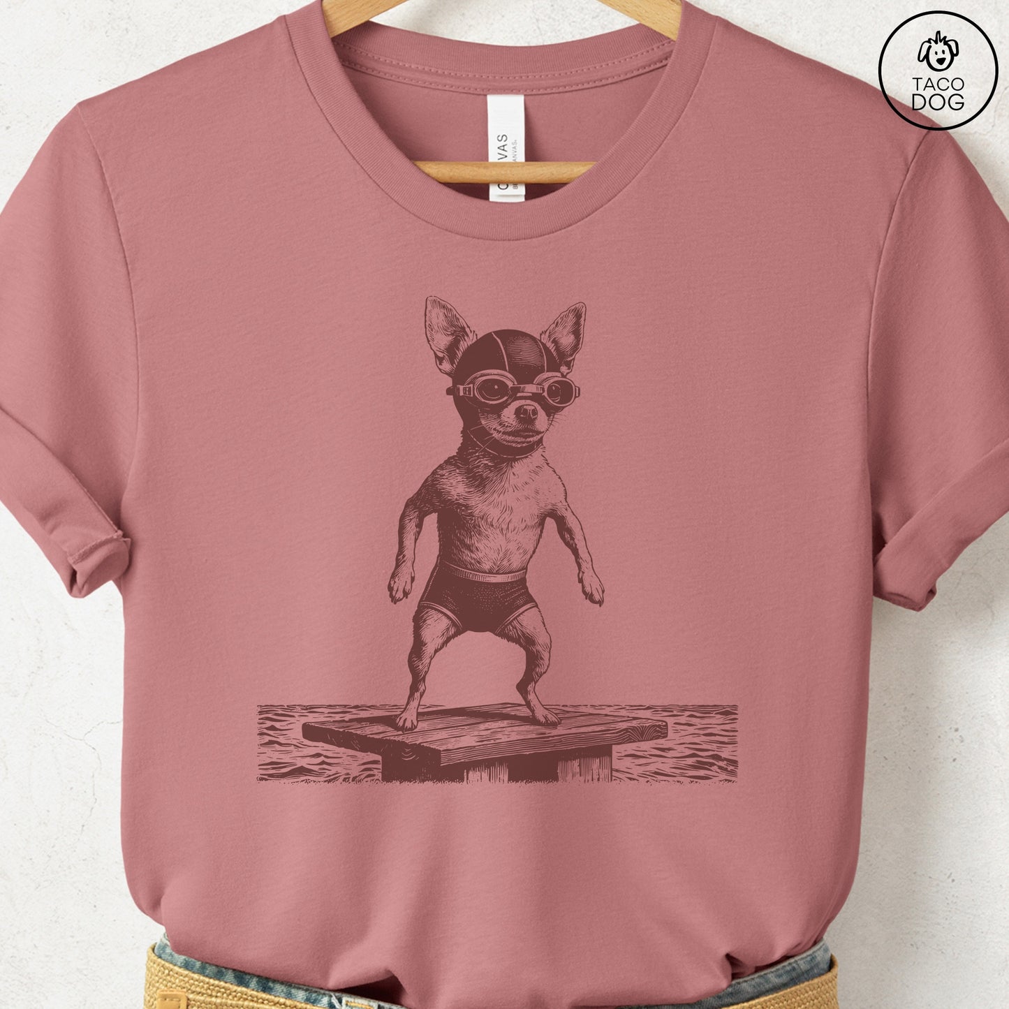 Chihuahua Swim T-Shirt Heather Mauve Taco-Dog