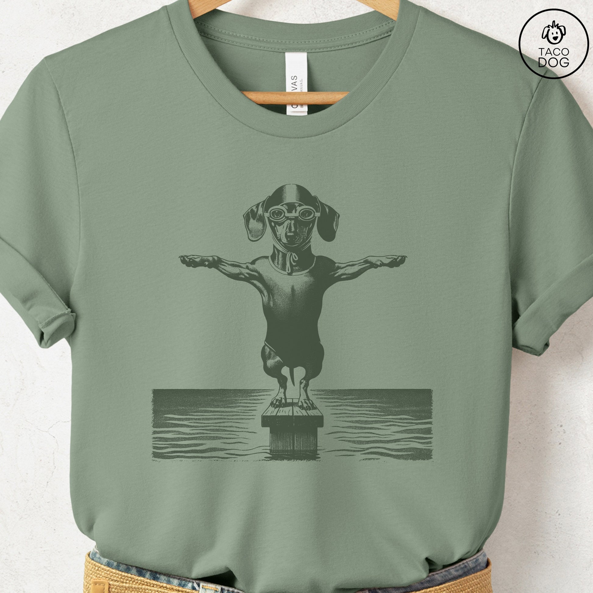 Dachshund Weenie Swim T-Shirt Sage Taco-Dog
