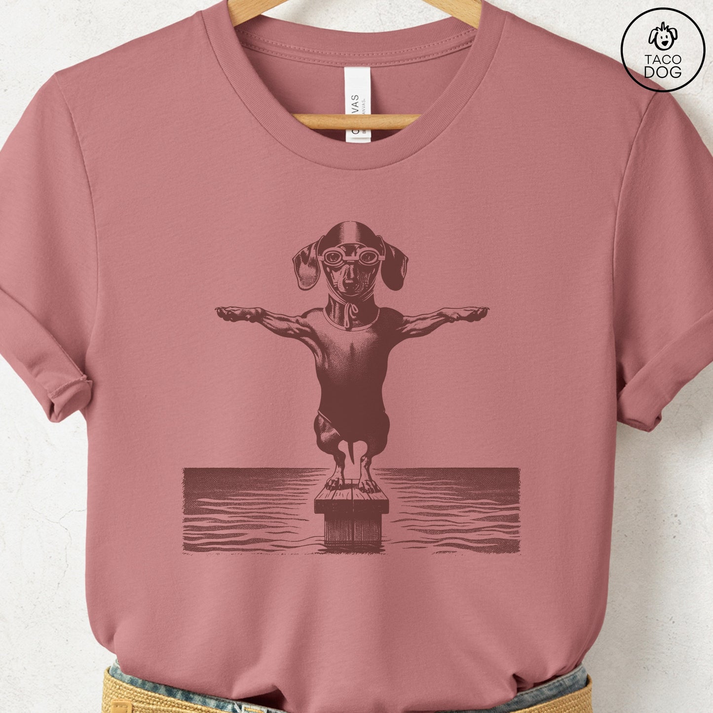 Dachshund Weenie Swim T-Shirt Heather Mauve Taco-Dog