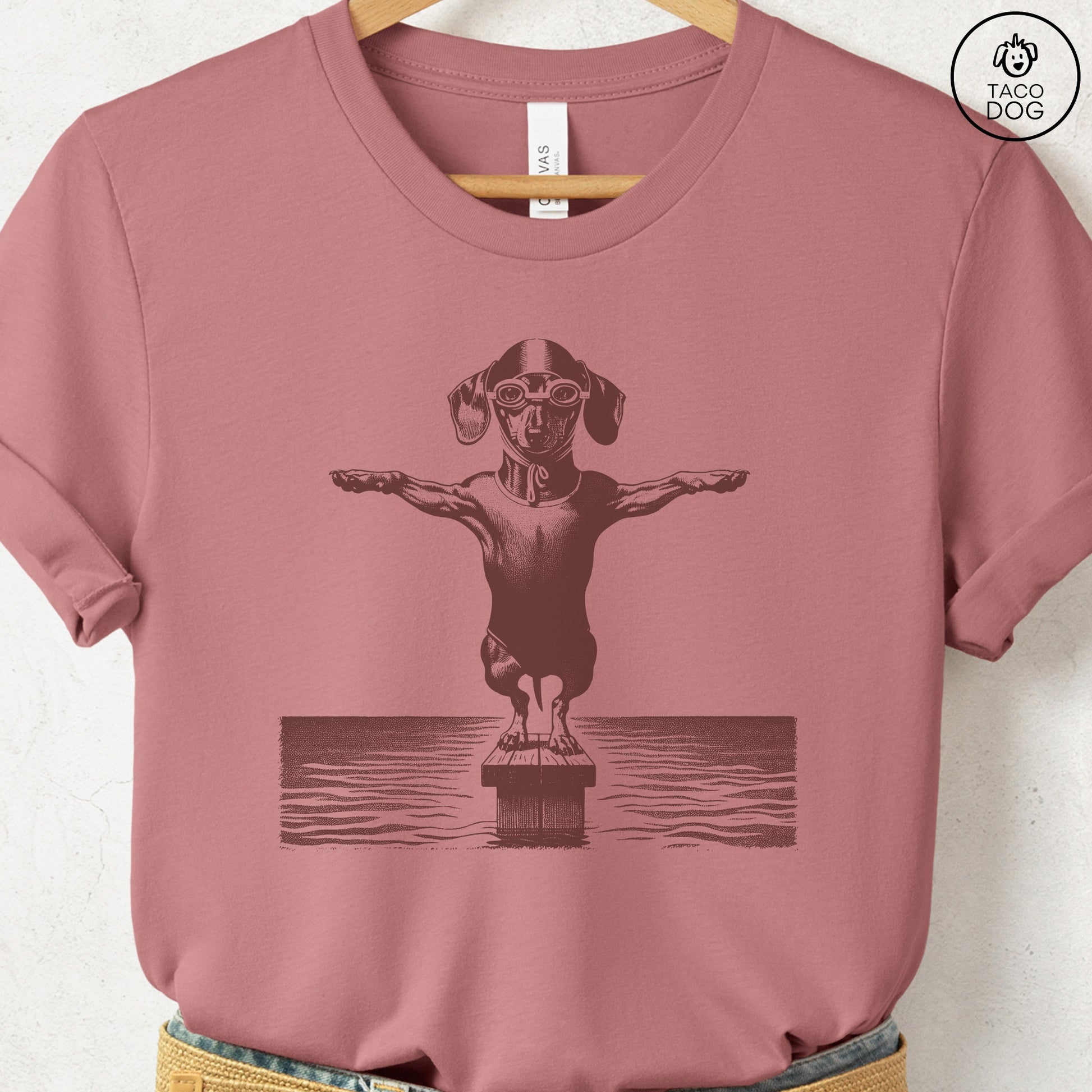 Dachshund Weenie Swim T-Shirt Heather Mauve Taco-Dog