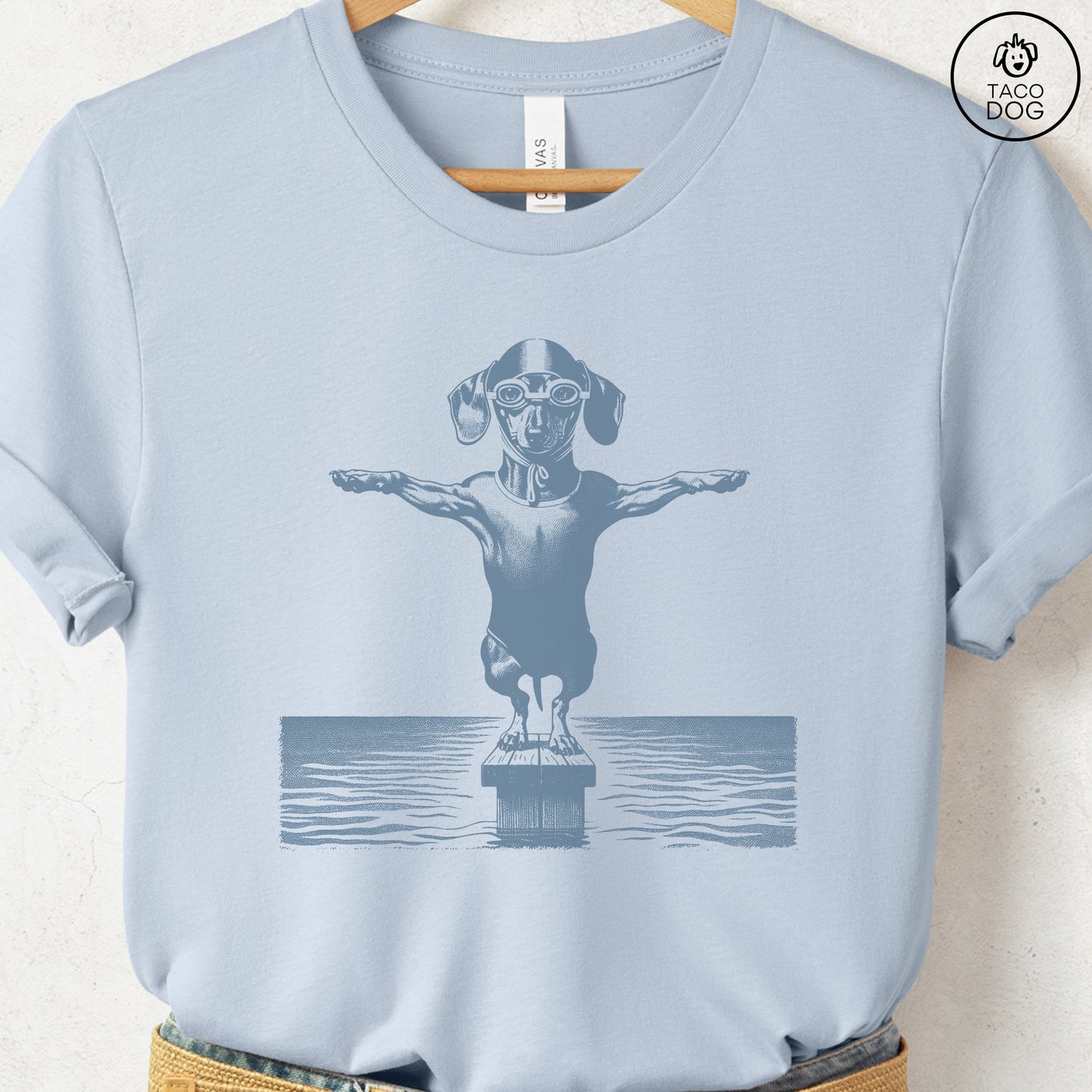 Dachshund Weenie Swim T-Shirt Light Blue Taco-Dog