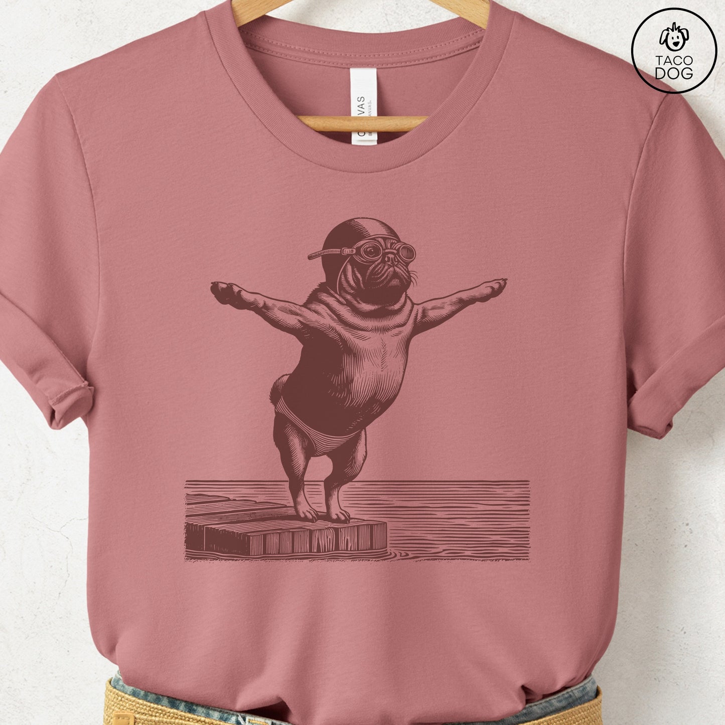 Pug Swim T-Shirt Heather Mauve Taco-Dog