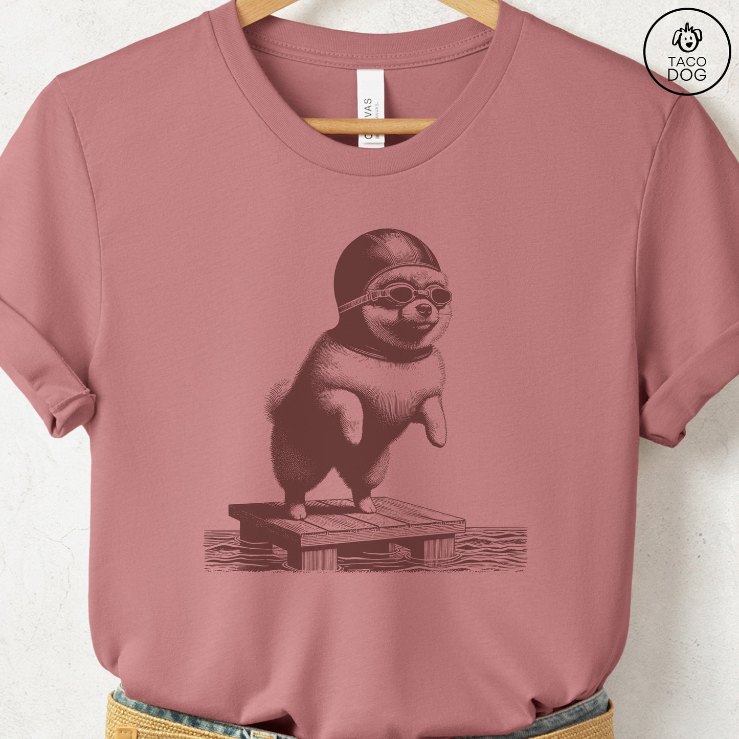 Pomeranian Swim T-Shirt Heather Mauve Taco-Dog