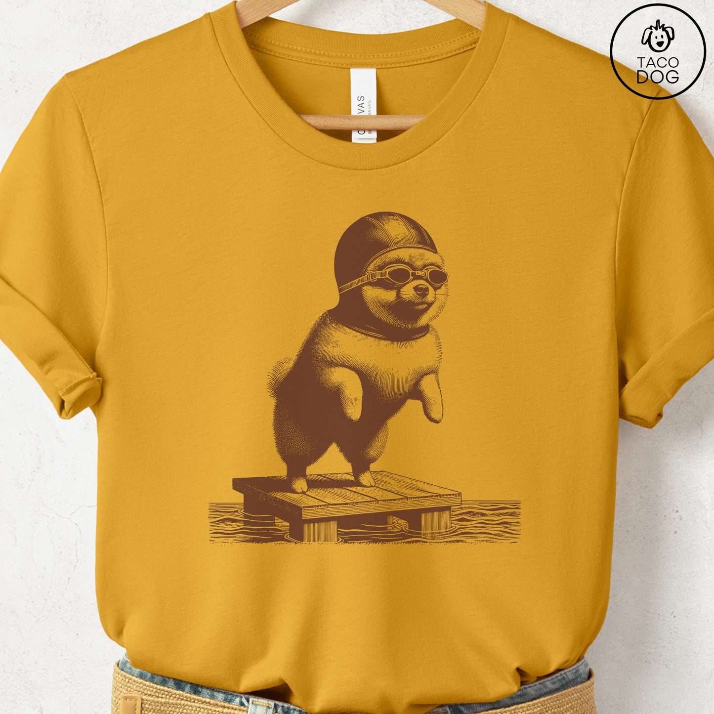 Pomeranian Swim T-Shirt Mustard Taco-Dog