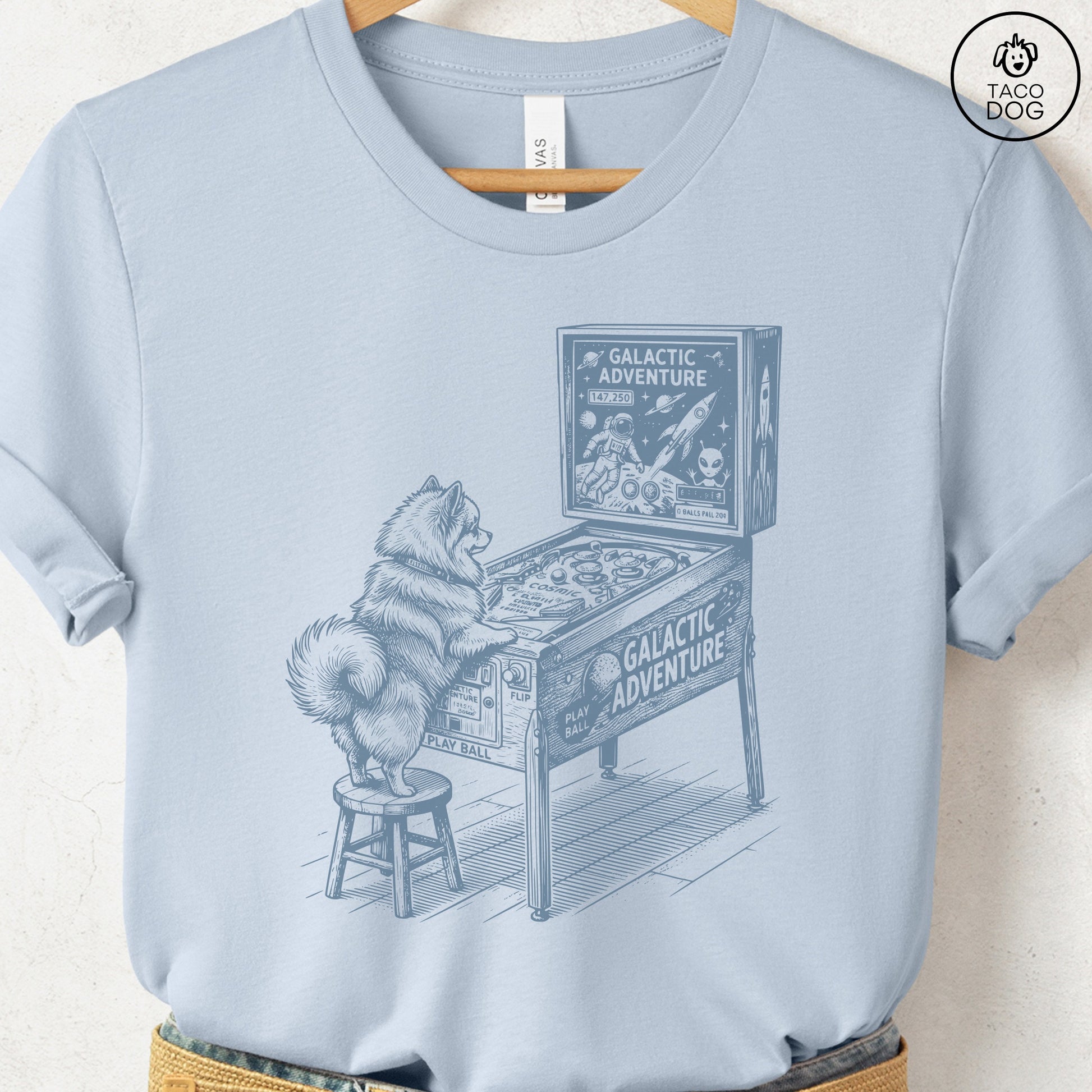 Pomeranian Pinball T-Shirt Light Blue Taco-Dog