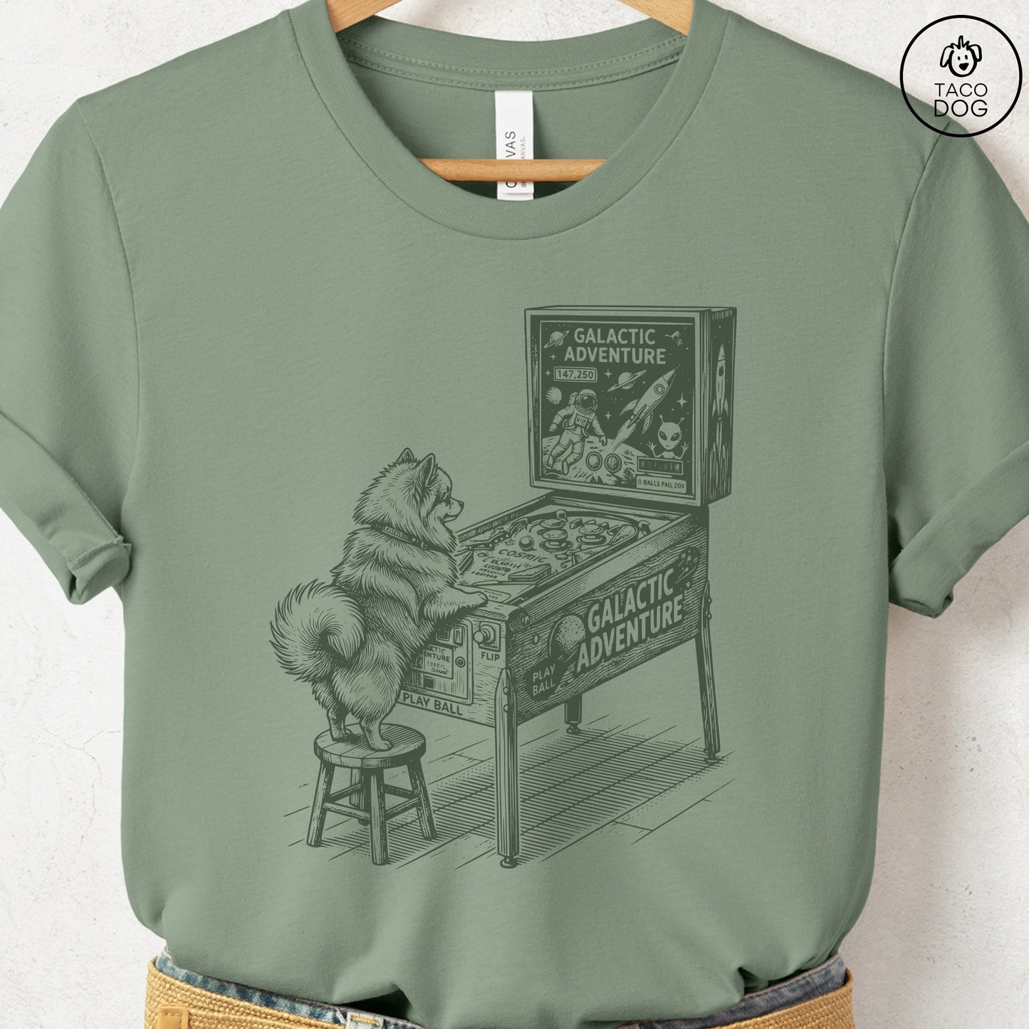 Pomeranian Pinball T-Shirt Sage Taco-Dog