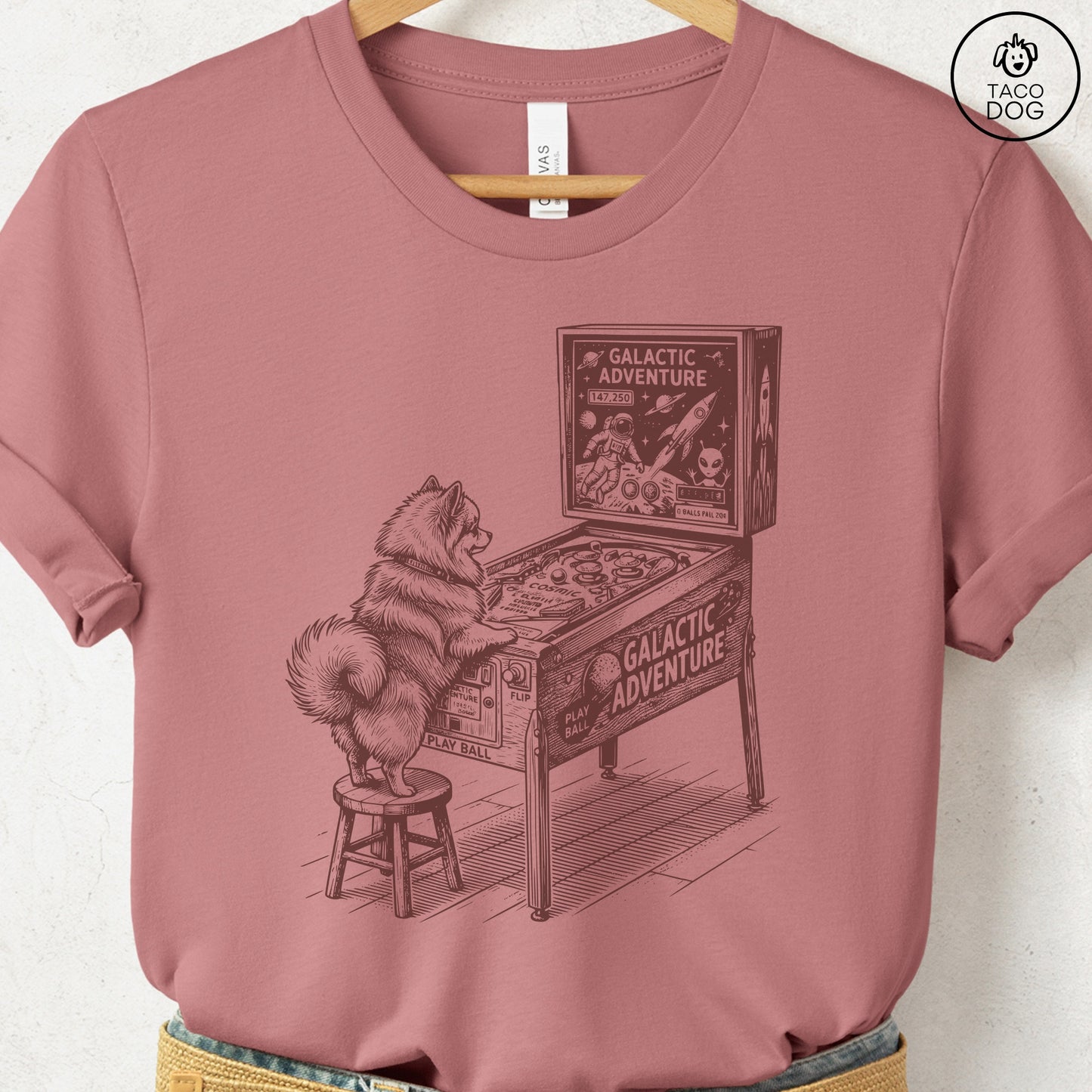 Pomeranian Pinball T-Shirt Heather Mauve Taco-Dog