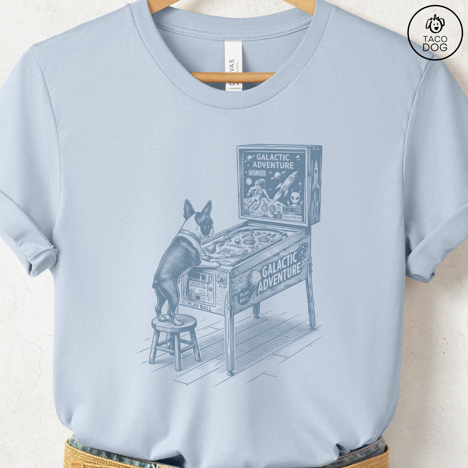 Boston Terrier Pinball T-Shirt Light Blue Taco-Dog