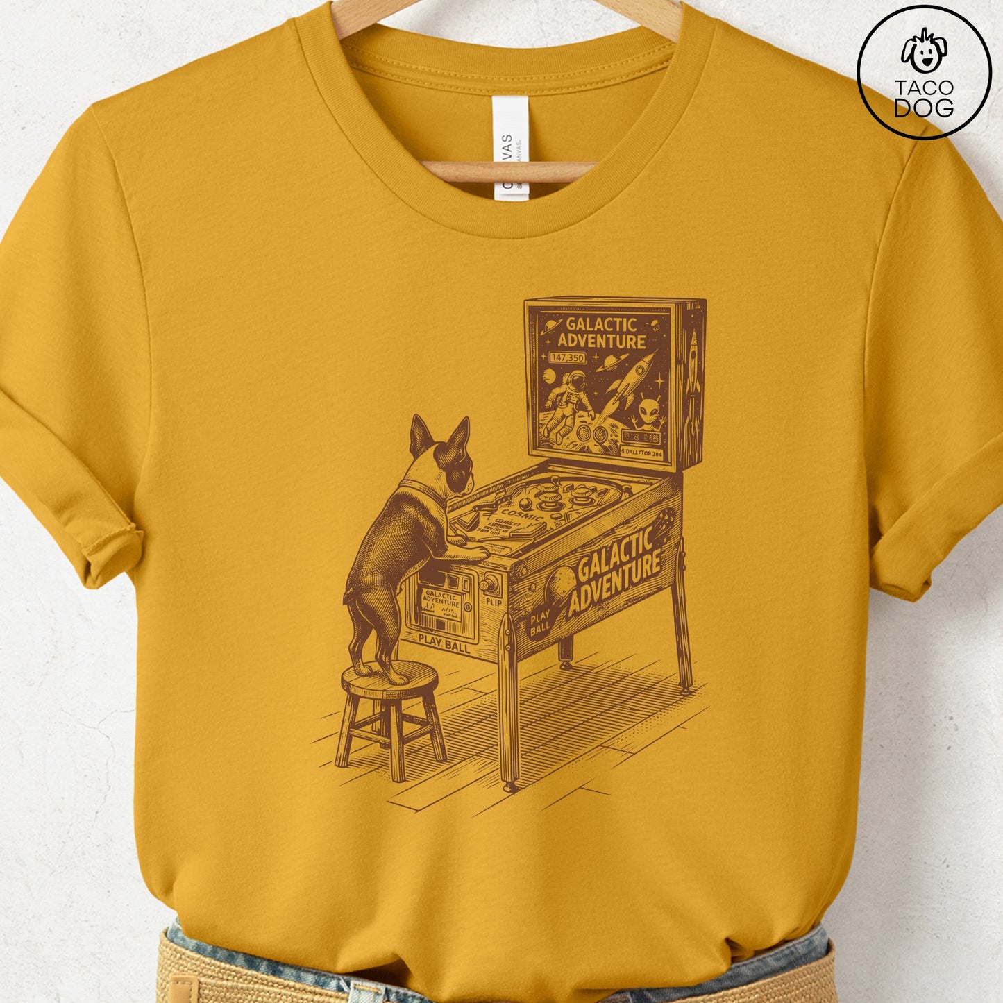 Boston Terrier Pinball T-Shirt Mustard Taco-Dog