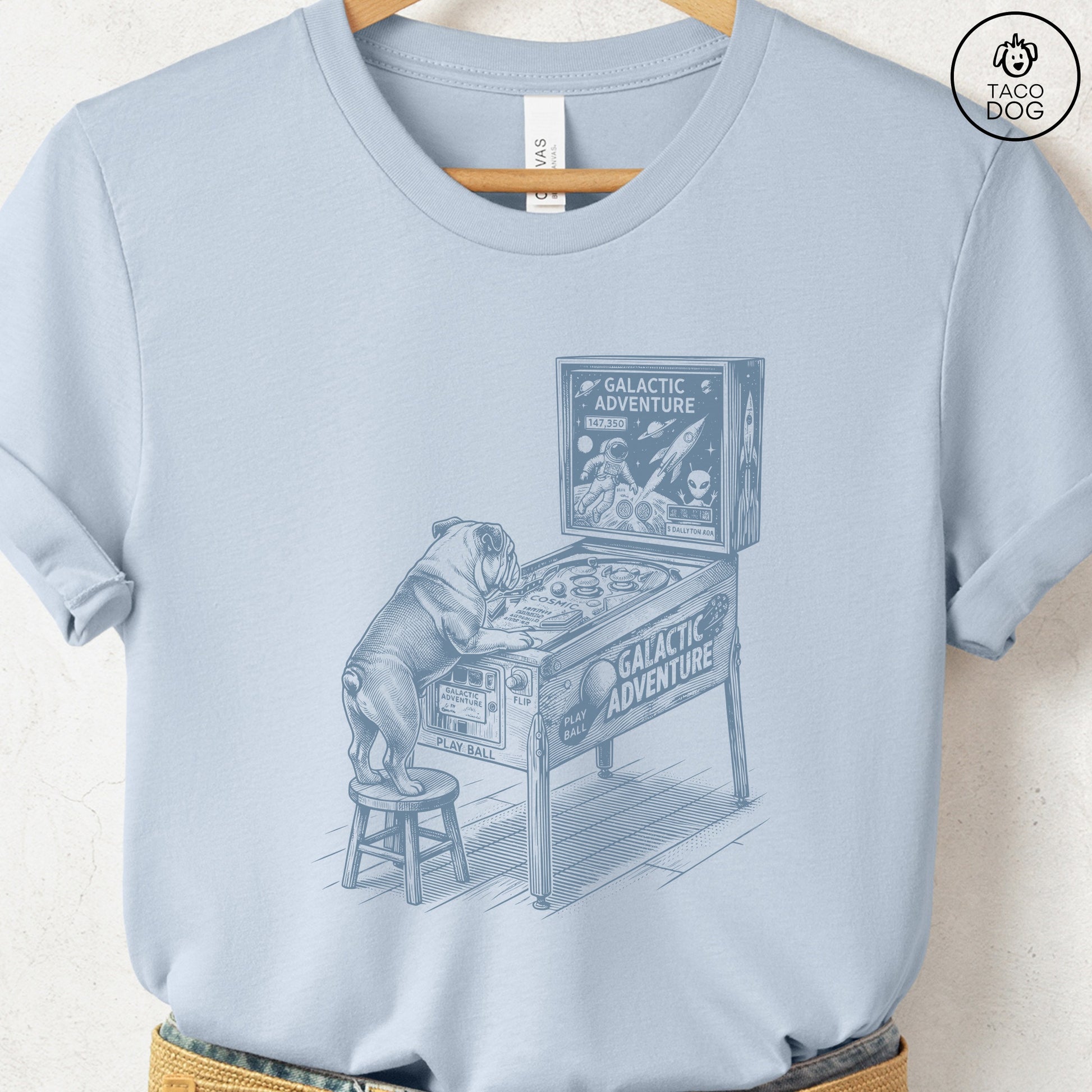 English Bulldog Pinball T-Shirt Light Blue Taco-Dog