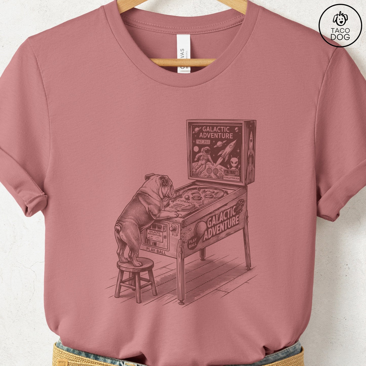 English Bulldog Pinball T-Shirt Heather Mauve Taco-Dog