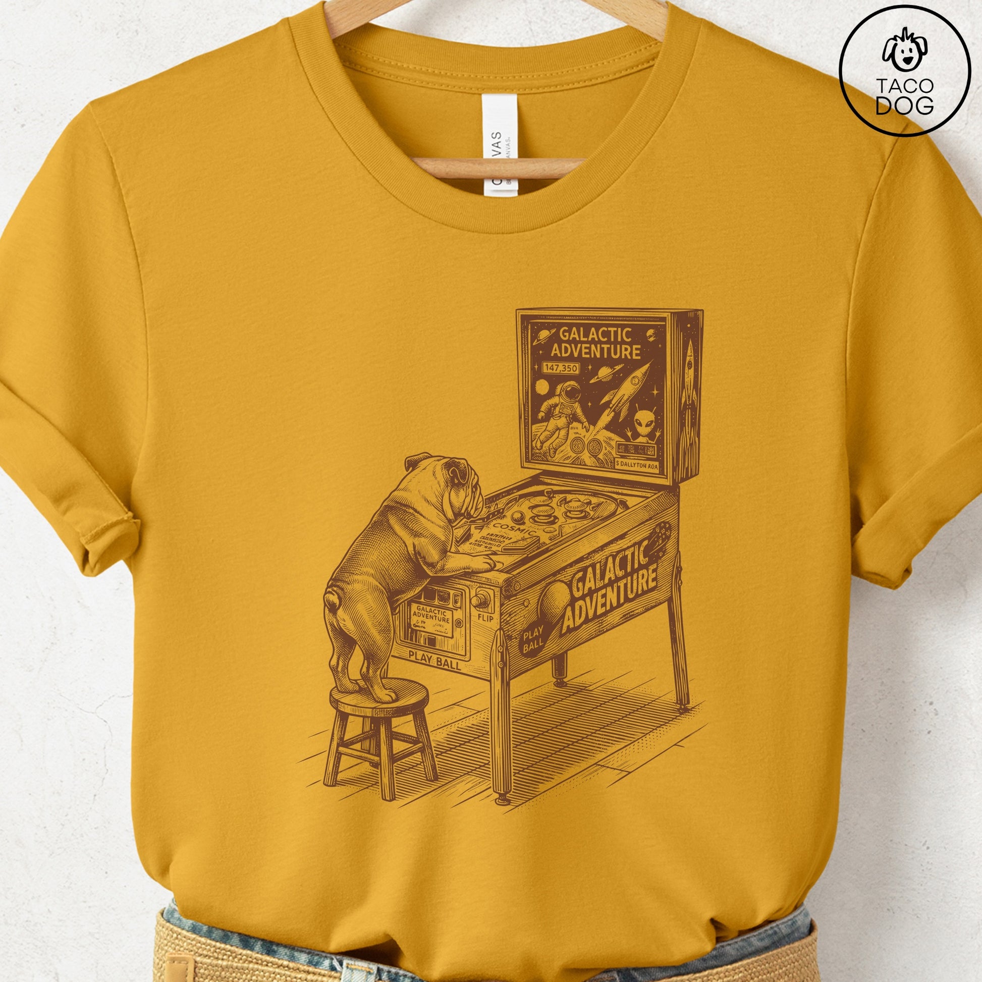 English Bulldog Pinball T-Shirt Mustard Taco-Dog