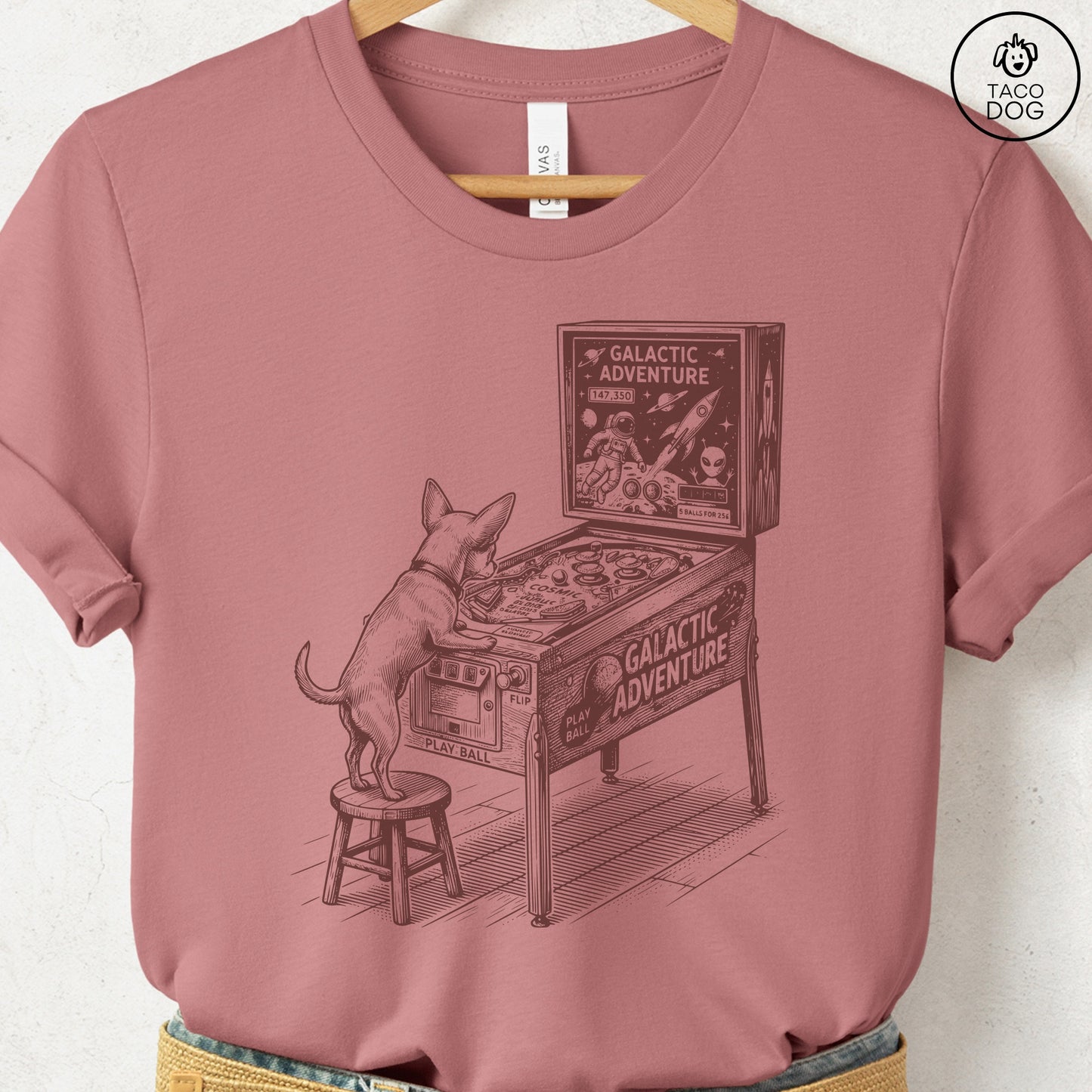 Chihuahua Pinball T-Shirt Heather Mauve Taco-Dog
