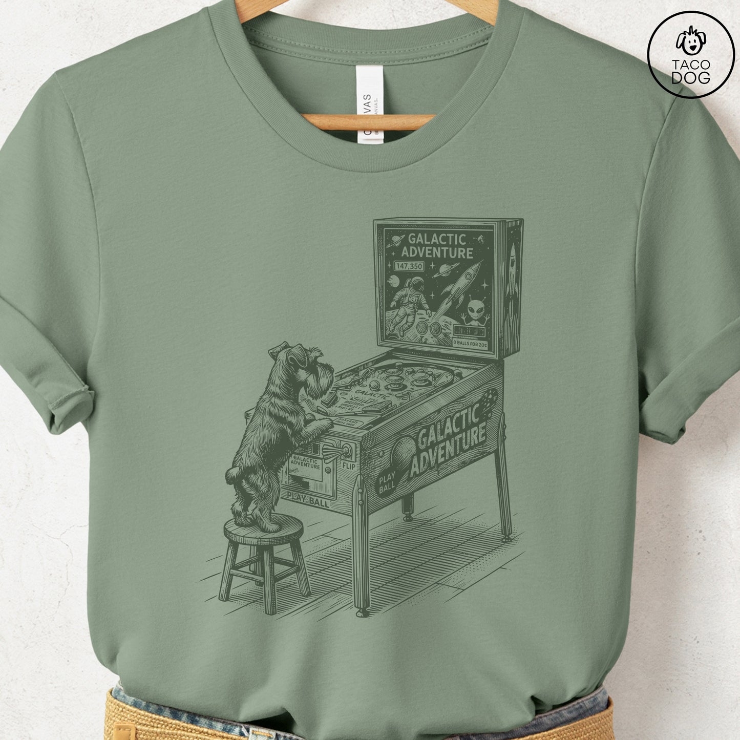 Schnauzer Pinball T-Shirt Sage Taco-Dog