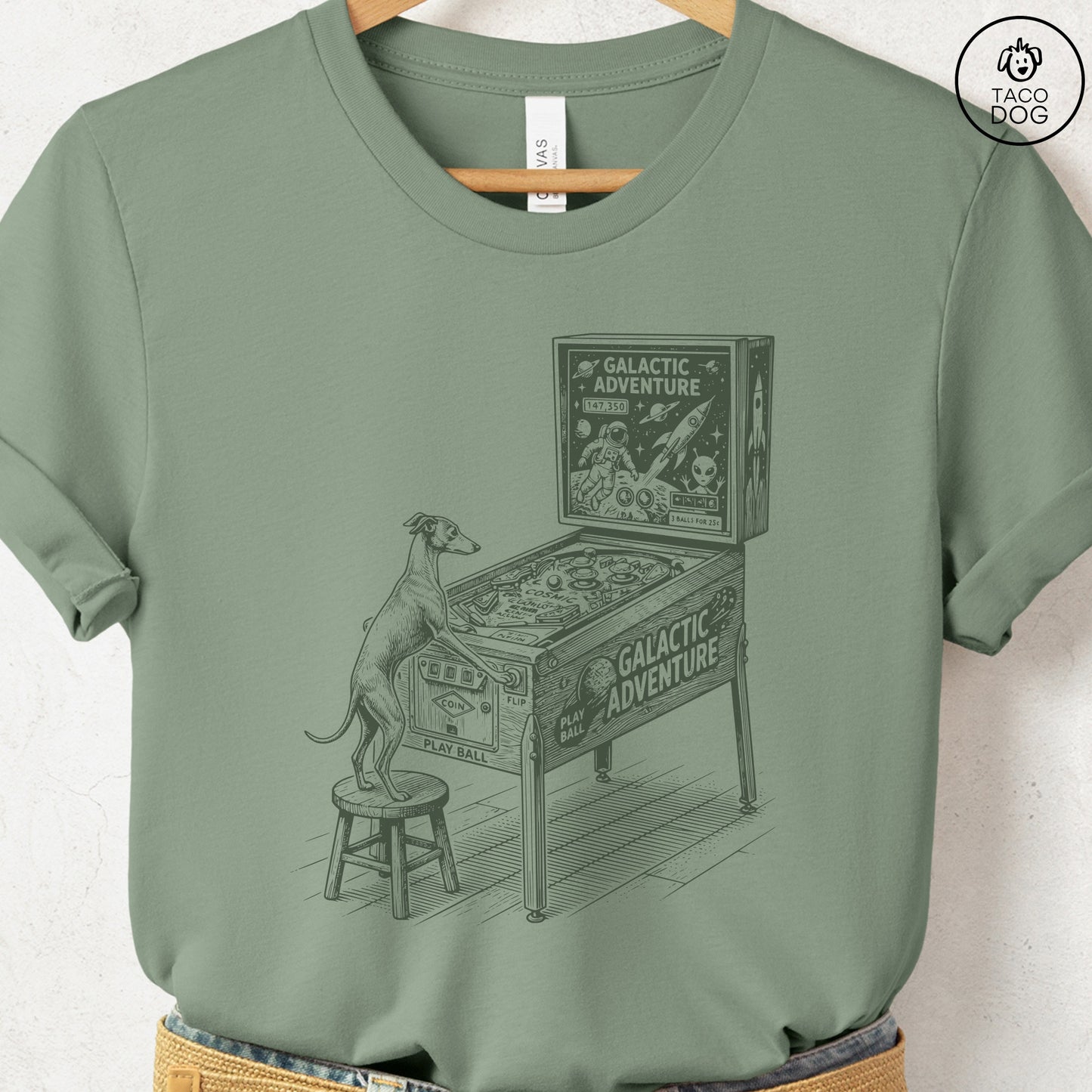Italian Greyhound Whippet Iggy Pinball T-Shirt Sage Taco-Dog