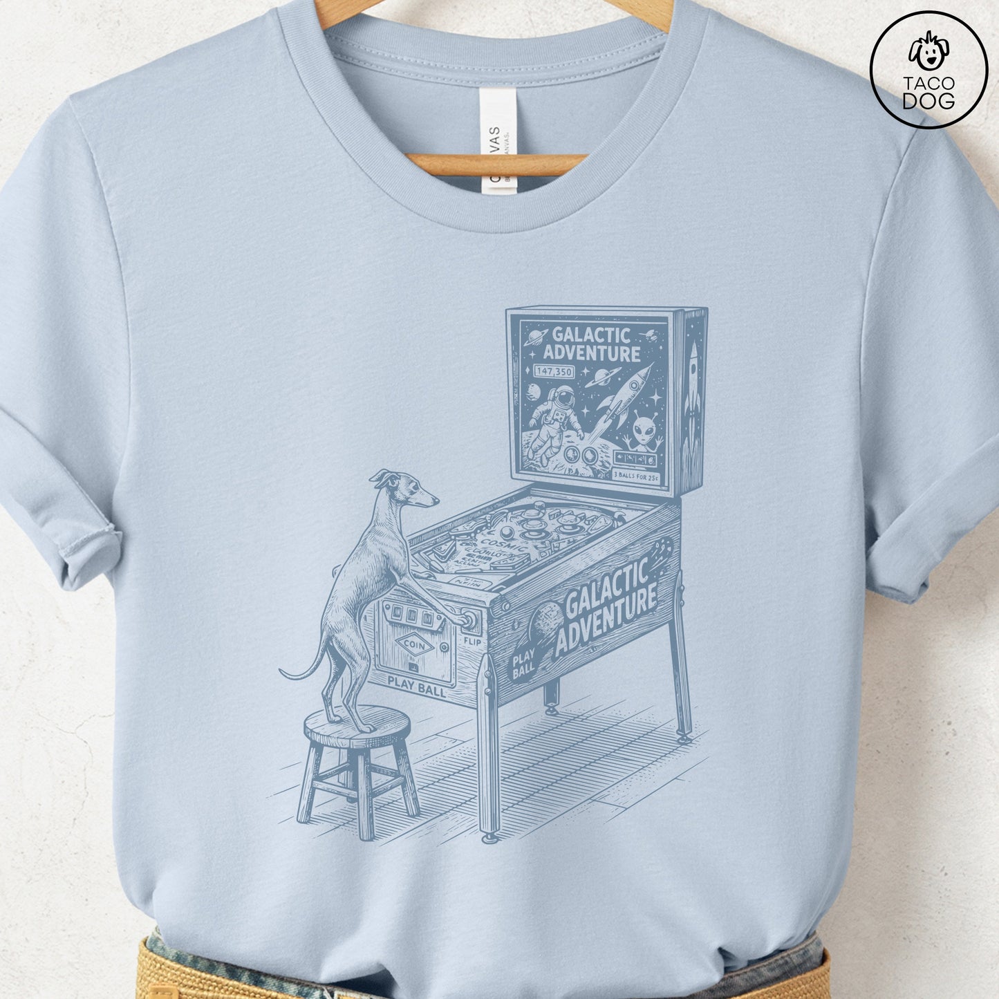 Italian Greyhound Whippet Iggy Pinball T-Shirt Light Blue Taco-Dog