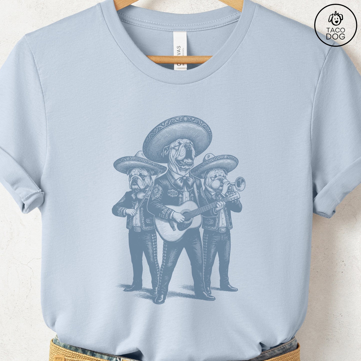 English Bulldog Mariachi T-Shirt Light Blue Taco-Dog