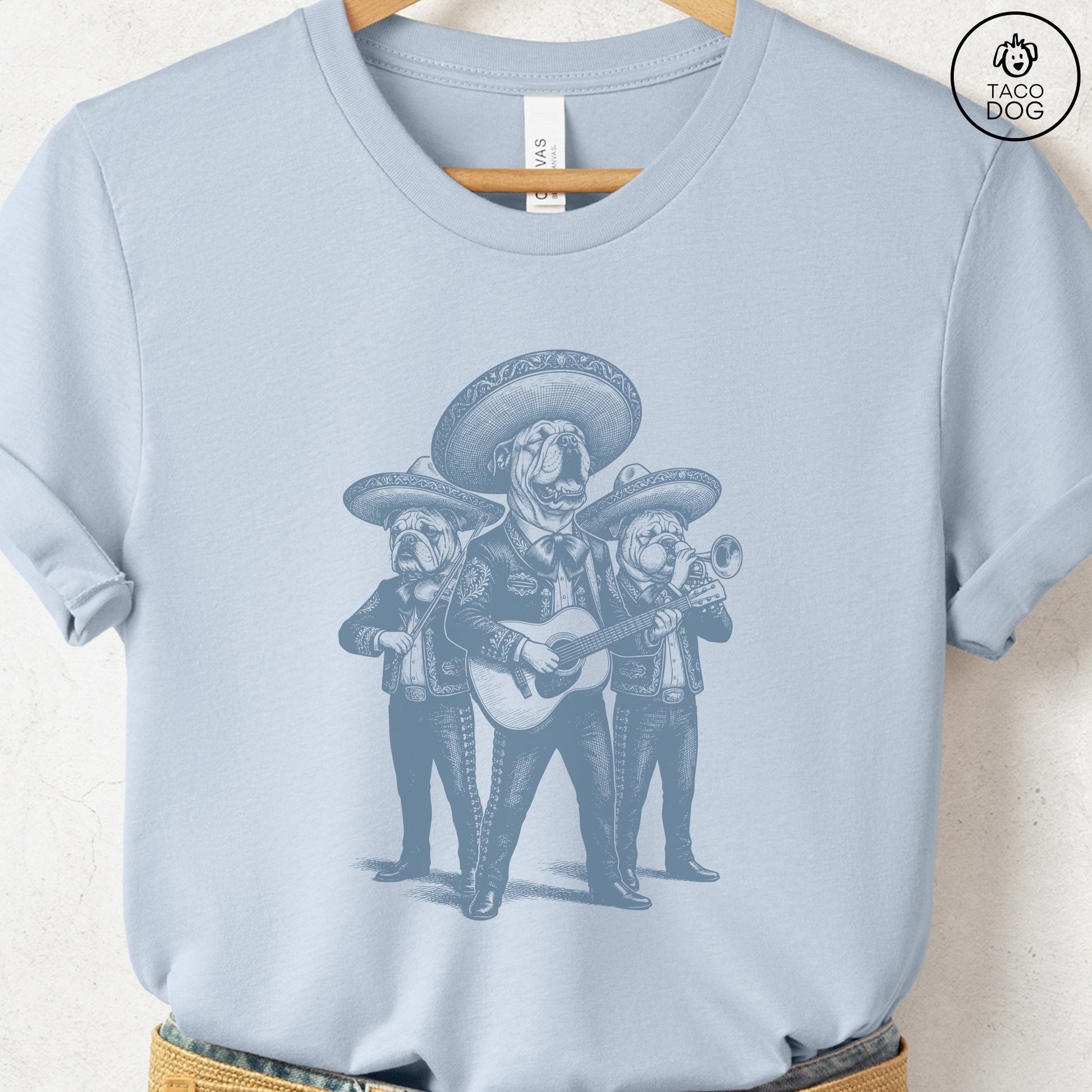 English Bulldog Mariachi T-Shirt Light Blue Taco-Dog