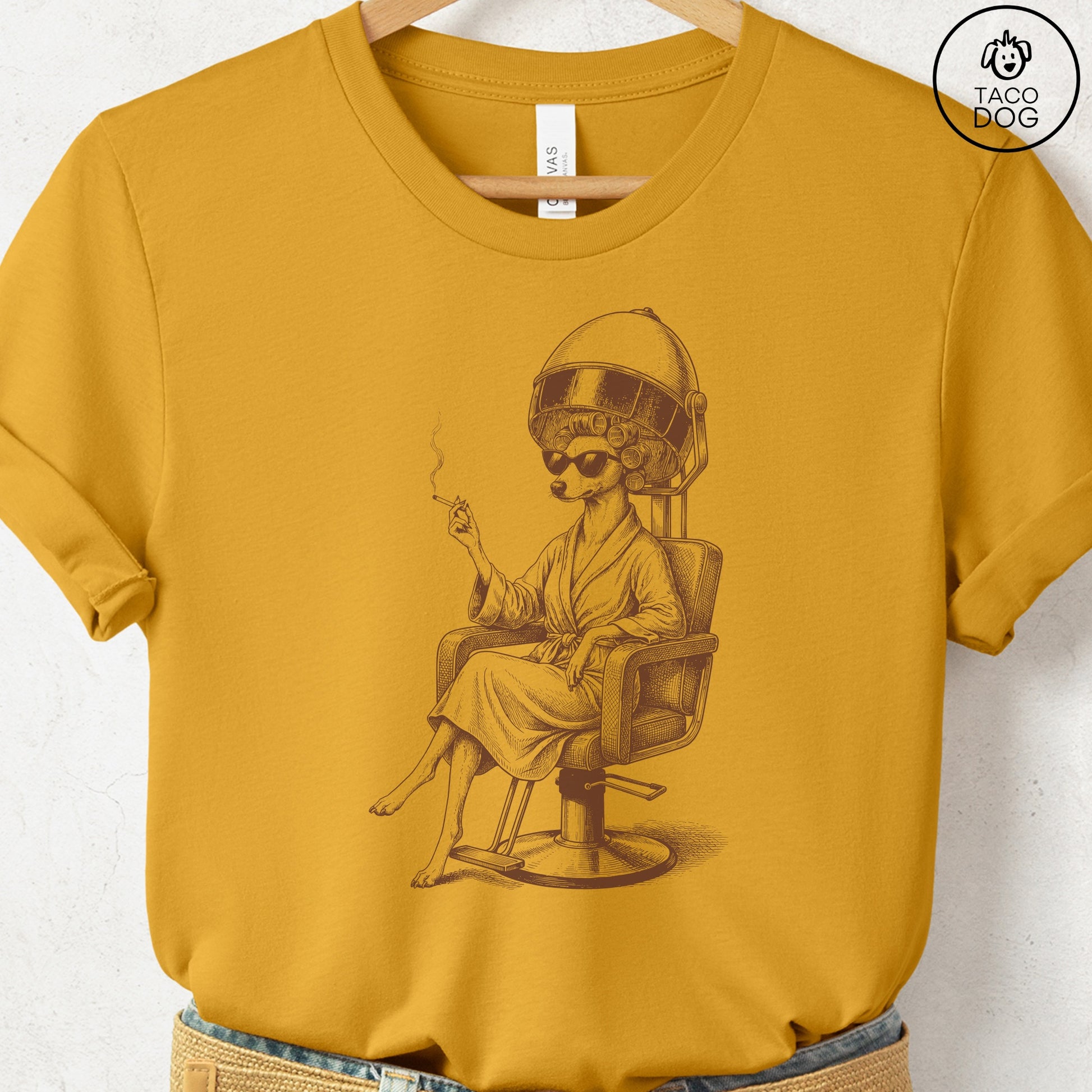Italian Greyhound Whippet Iggy Beauty Shop T-Shirt Mustard Taco-Dog