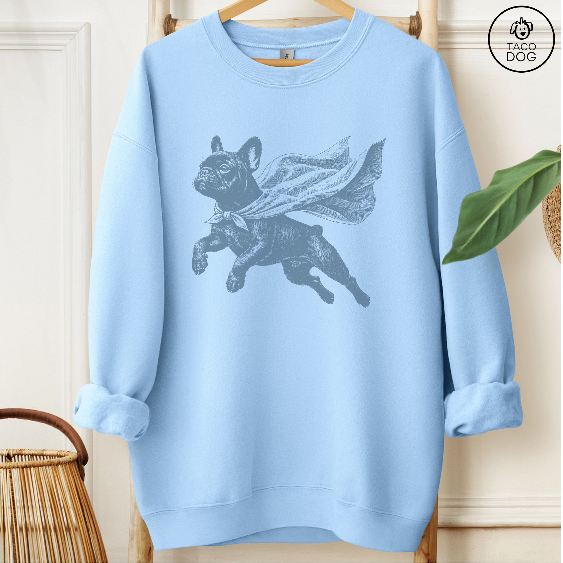 French Bulldog Frenchie Flying Cape Sweatshirt Light Blue Taco-Dog