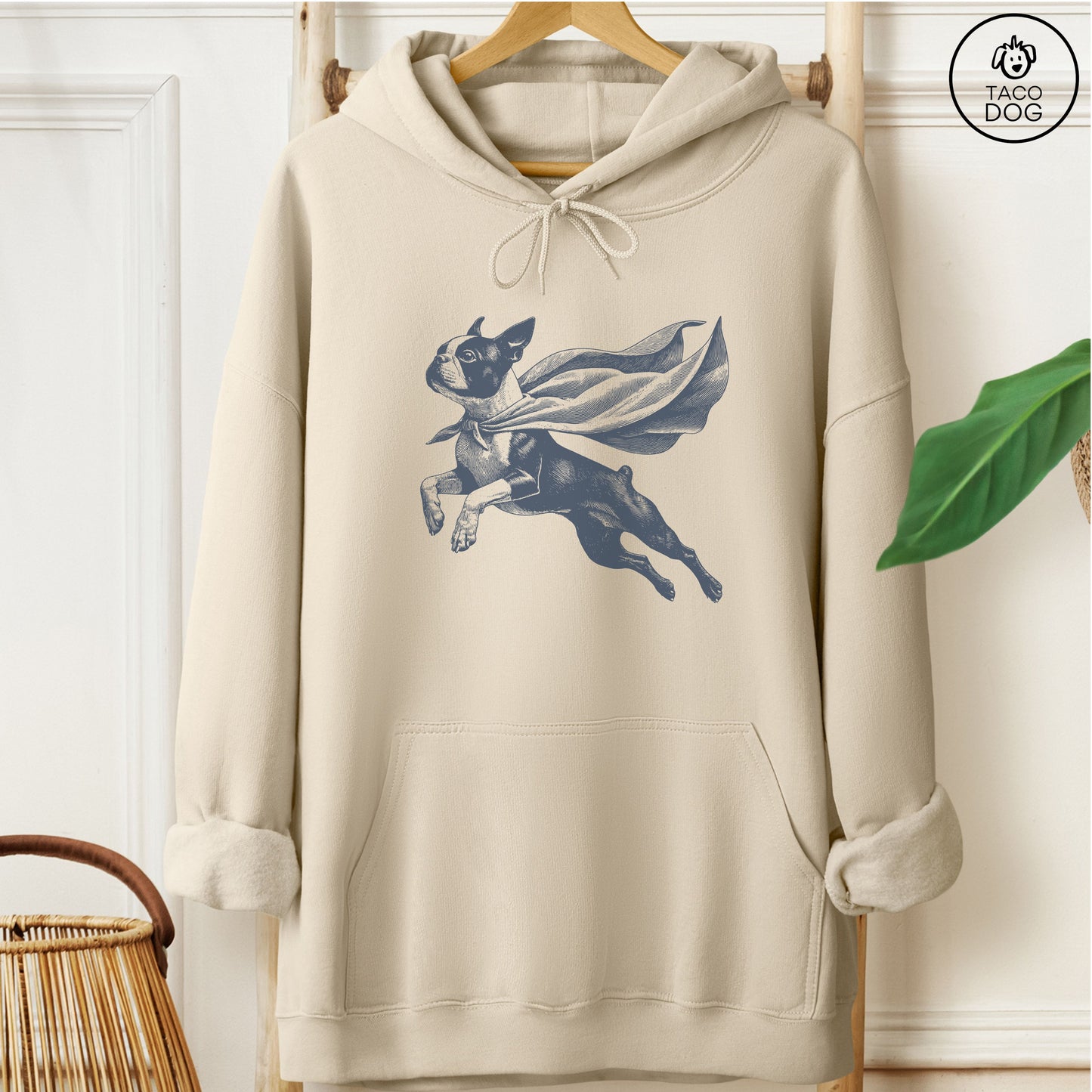 Boston Terrier Flying Cape Hoodie Sand