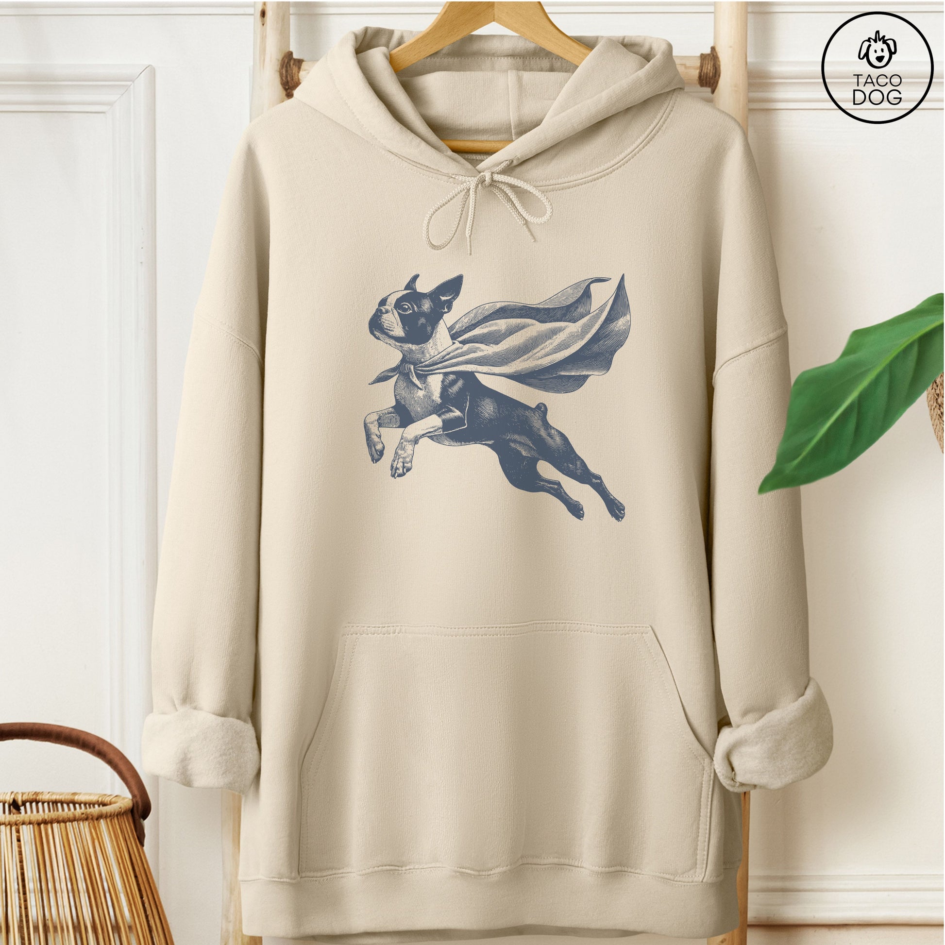 Boston Terrier Flying Cape Hoodie Sand