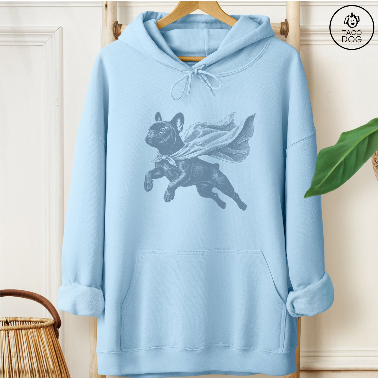 French Bulldog Frenchie Flying Cape Hoodie Light Blue Taco-Dog