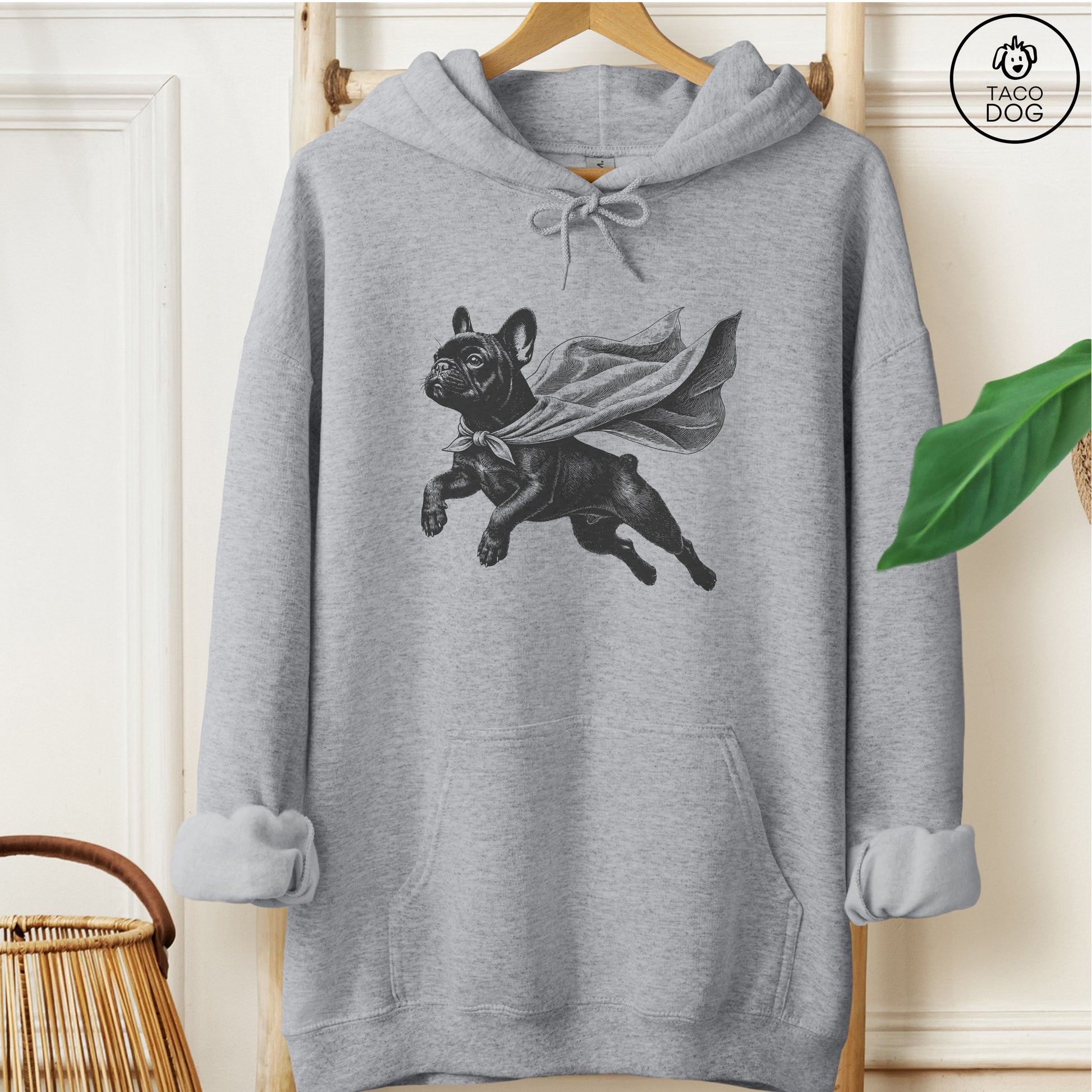French Bulldog Frenchie Flying Cape Hoodie Graphite Heather Taco-Dog