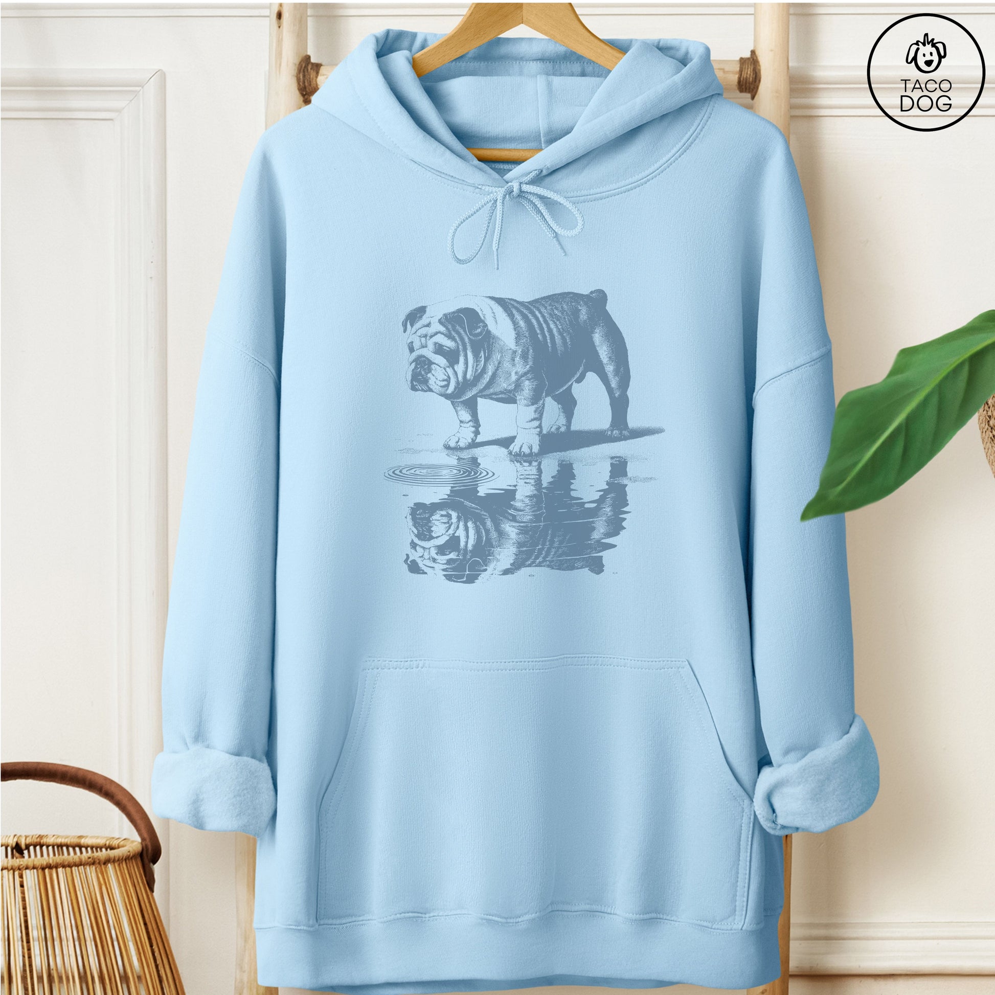 Engish Bulldog Puddle Reflection Hoodie Light Blue Taco-Dog