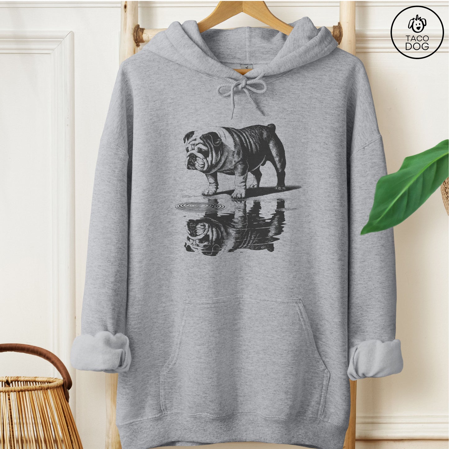 Engish Bulldog Puddle Reflection Hoodie Graphite Heather Taco-Dog