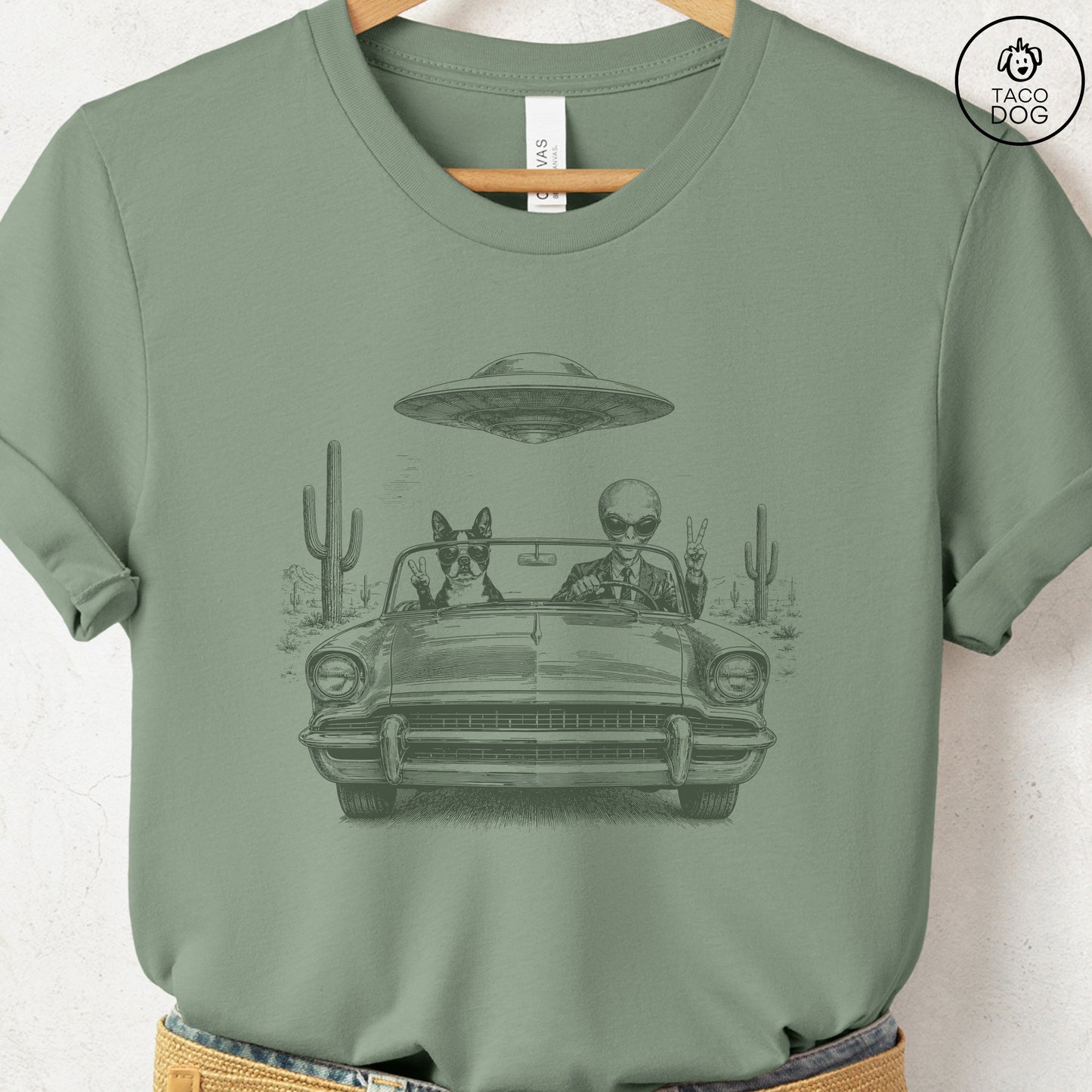 Boston Terrier Alien Roadtrip T-Shirt Sage Taco-Dog
