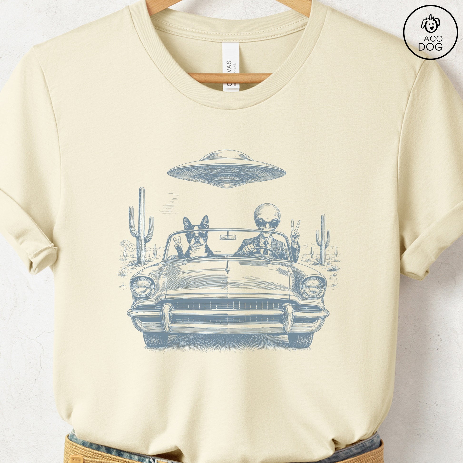 Boston Terrier Alien Roadtrip T-Shirt Natural Taco-Dog