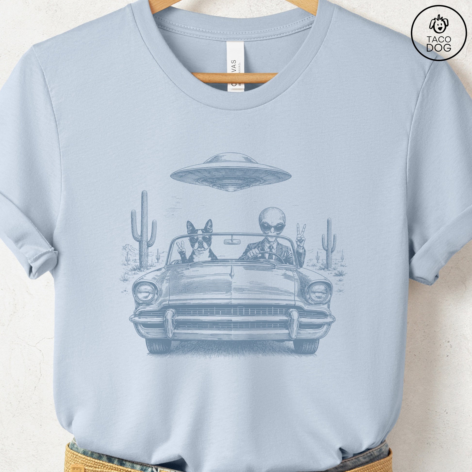 Boston Terrier Alien Roadtrip T-Shirt Light Blue Taco-Dog