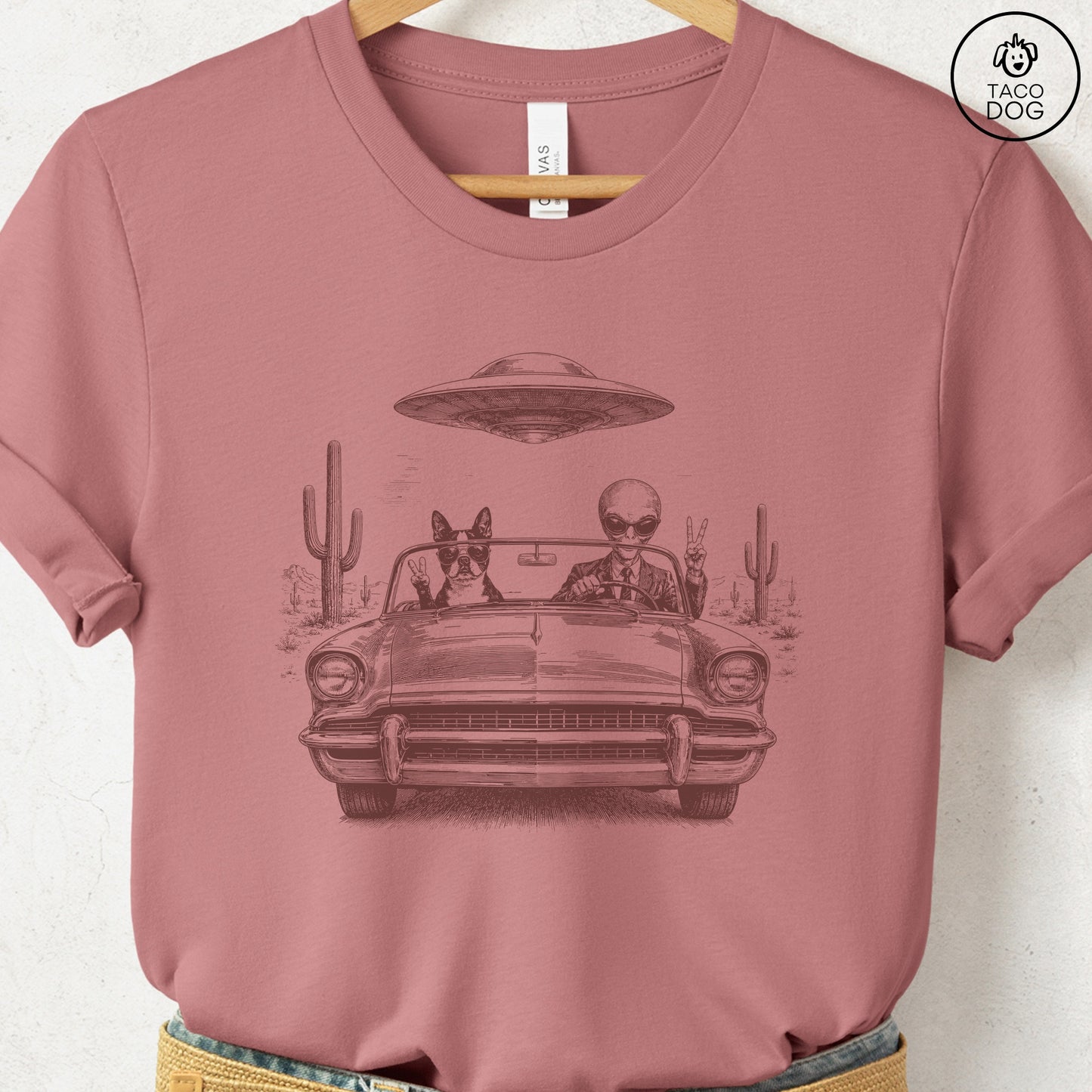 Boston Terrier Alien Roadtrip T-Shirt Heather Mauve Taco-Dog