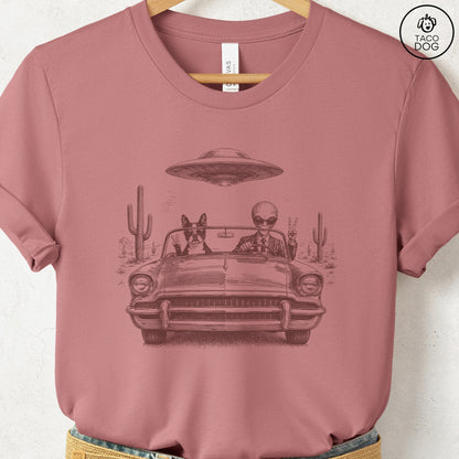 Boston Terrier Alien Roadtrip T-Shirt Heather Mauve Taco-Dog