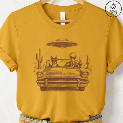 Boston Terrier Alien Roadtrip T-Shirt Mustard Taco-Dog