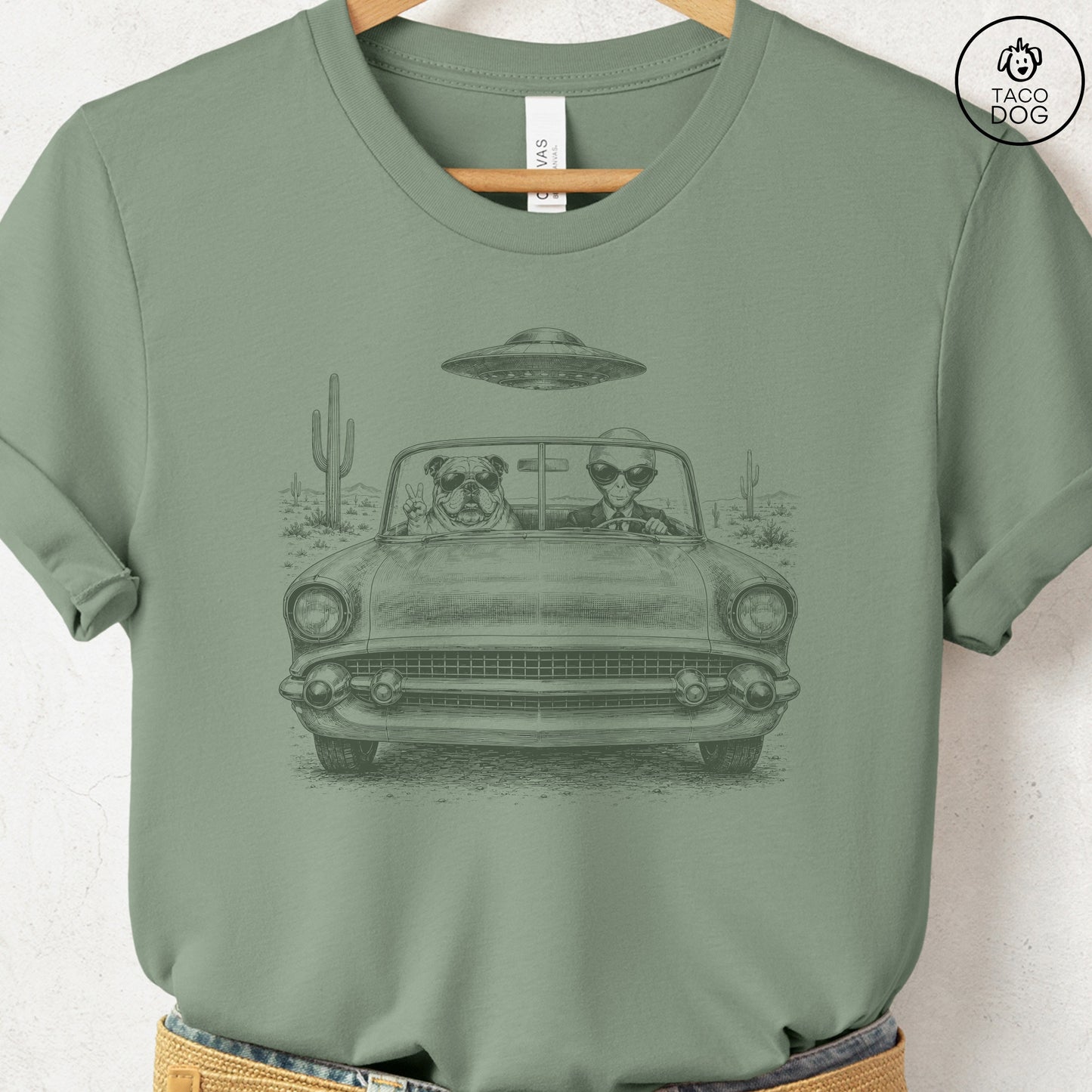 English Bulldog Alien Roadtrip T-Shirt Sage Taco-Dog