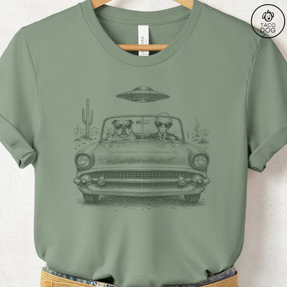 English Bulldog Alien Roadtrip T-Shirt Sage Taco-Dog
