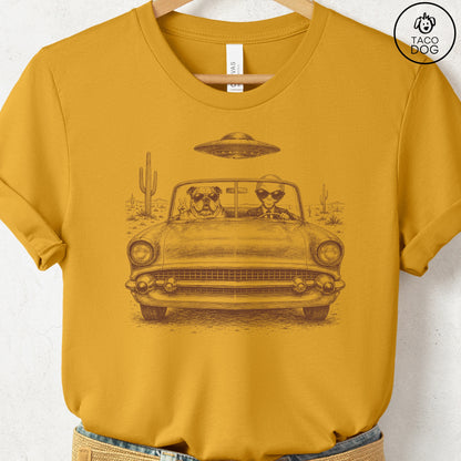 English Bulldog Alien Roadtrip T-Shirt Mustard Taco-Dog