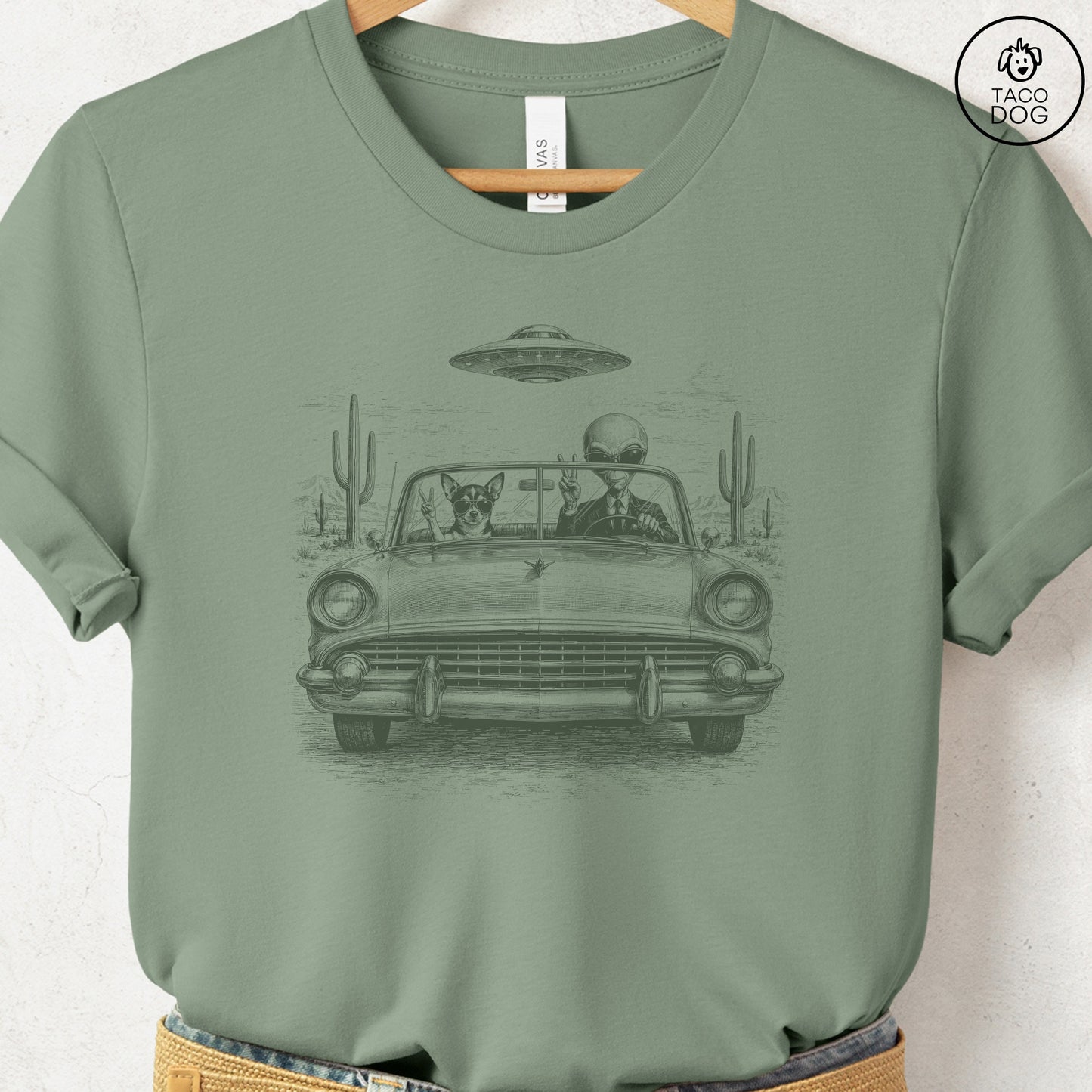 Chihuahua Alien Roadtrip T-Shirt Sage Taco-Dog