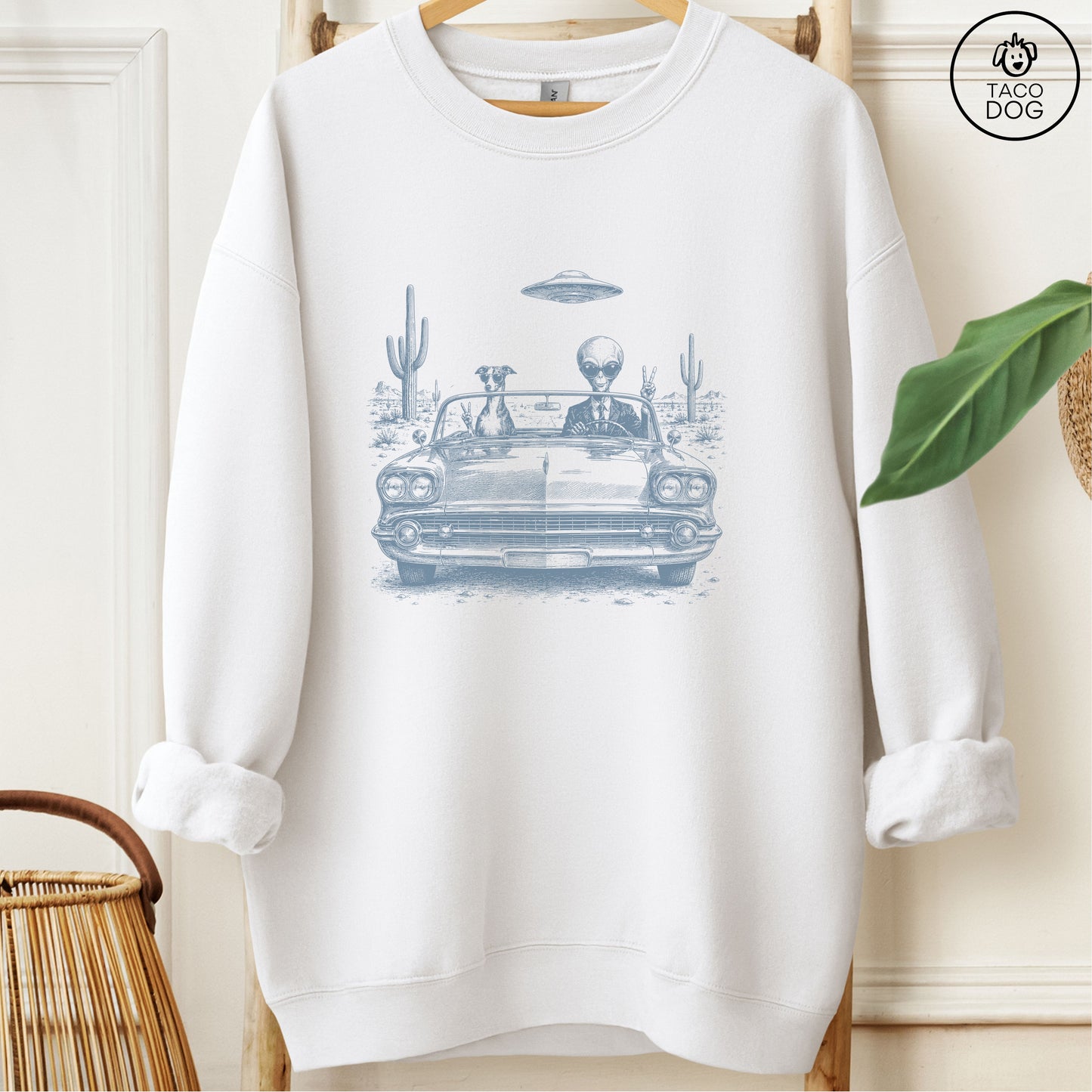 Italian Greyhound Whippet Alien Roadtrip Sweatshirt White Taco-Dog