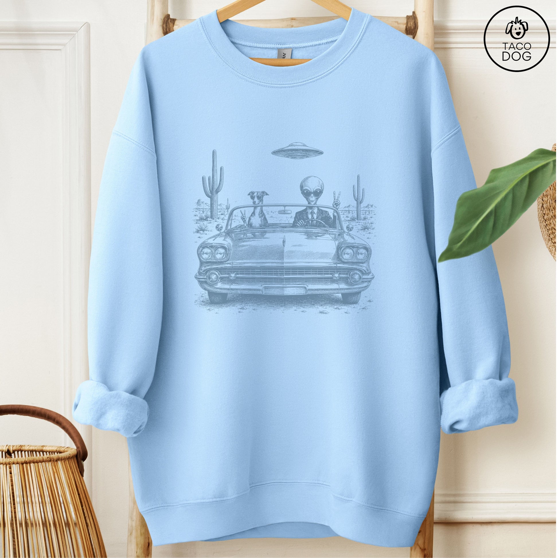 Italian Greyhound Whippet Alien Roadtrip Sweatshirt Light Blue Taco-Dog