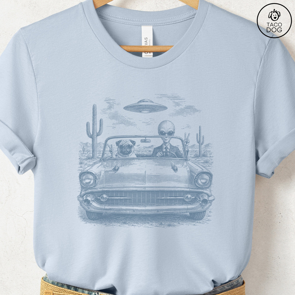 Pug Alien Roadtrip T-Shirt Light Blue Taco-Dog