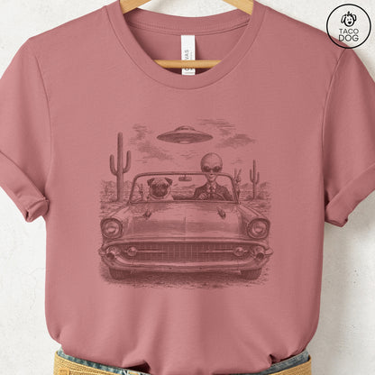 Pug Alien Roadtrip T-Shirt Heather Mauve Taco-Dog