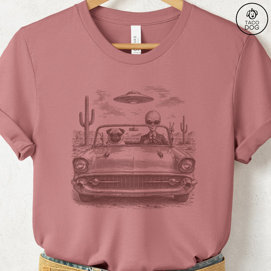 Pug Alien Roadtrip T-Shirt Heather Mauve Taco-Dog